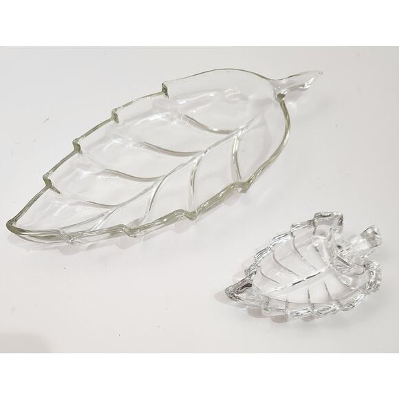 Vintage Clear Pressed Glass Leaf Dish Lot of 2 – Serving Trays Candy Nut Trinket - Picture 1 of 5